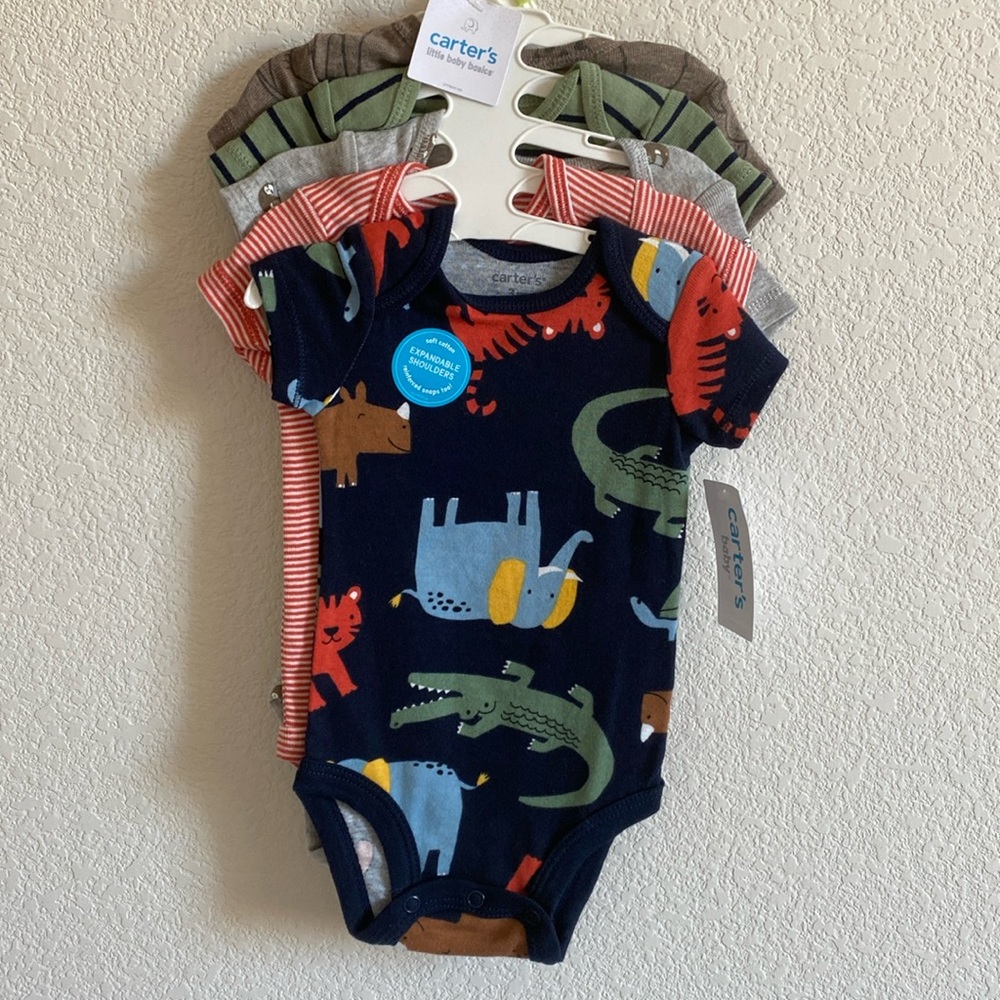 Carter’s Baby Basics 5pc. Snap Soft Cotton Bodysuit, Animal theme Size 3 months